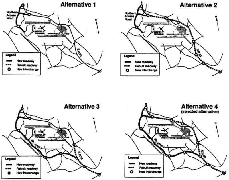 Diagrams of the proposed alternatives for highway access to the new Pittsburgh International Airport terminal